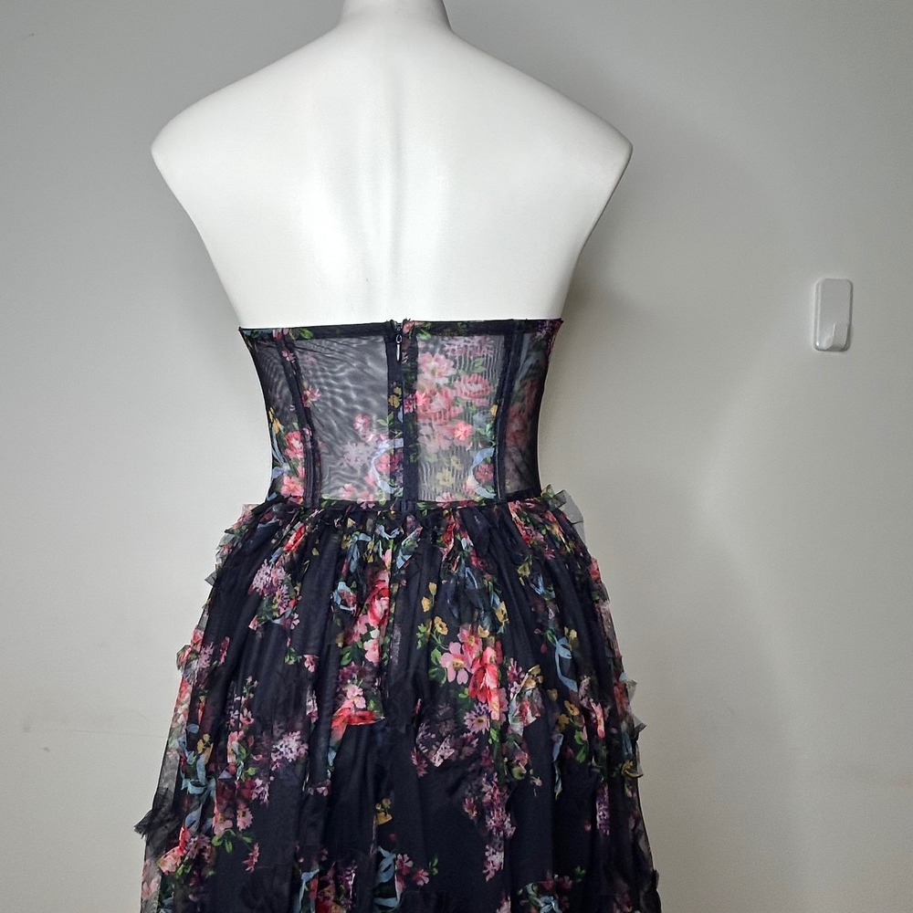 Dressalisa Maxi‎ Gown Womens S Navy Gently Used Floral Corset Tiered Ruffle Mesh - Picture 6 of 16